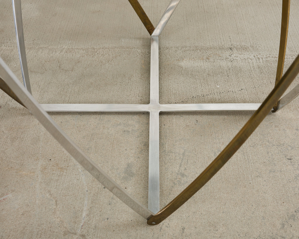 John Vesey Brass and Steel Glass Top Spool Drinks Table