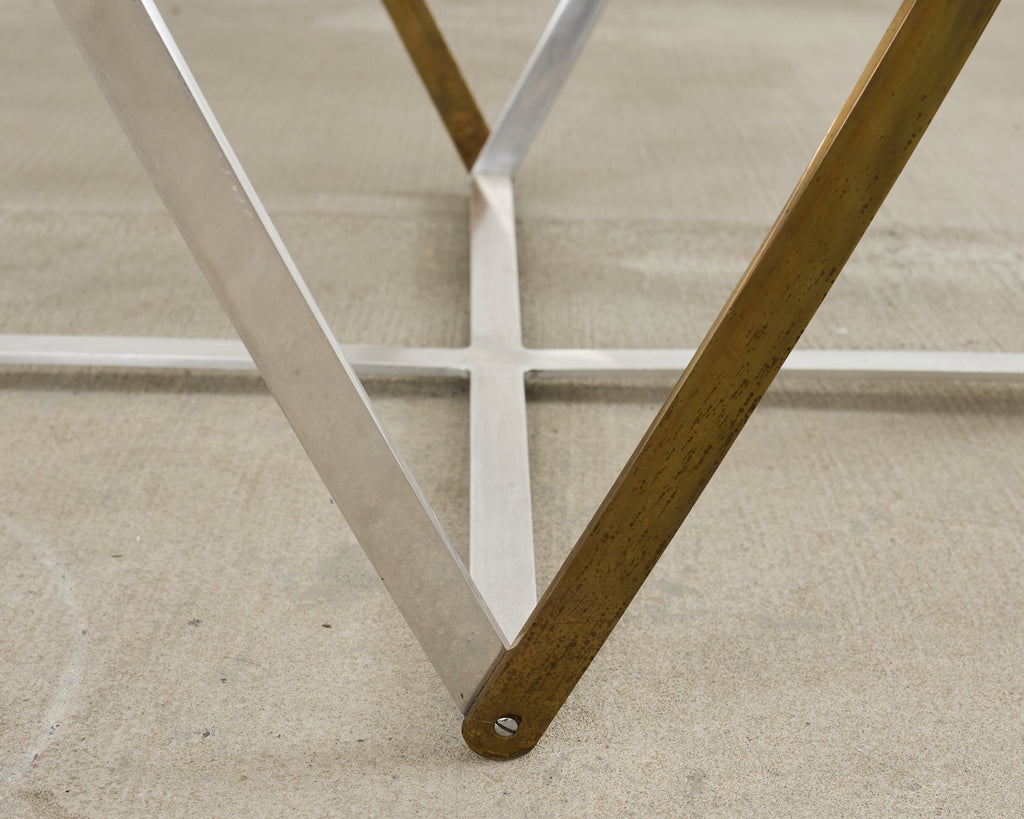 John Vesey Brass and Steel Glass Top Spool Drinks Table