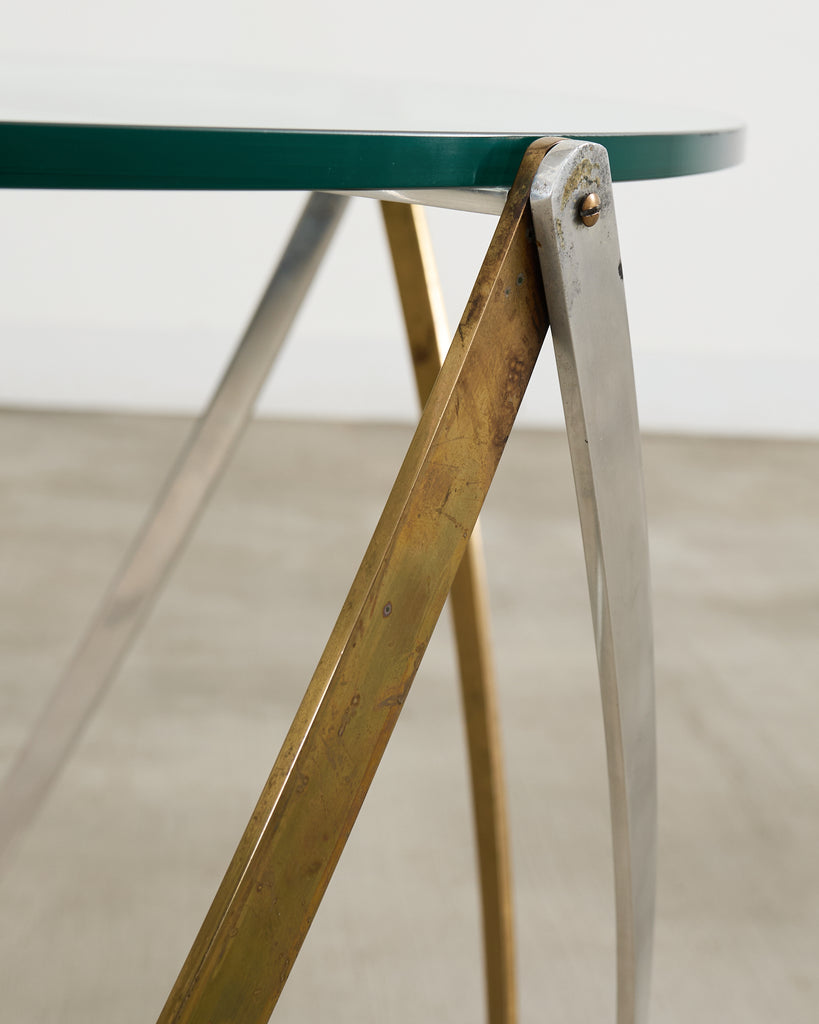 John Vesey Brass and Steel Glass Top Spool Drinks Table