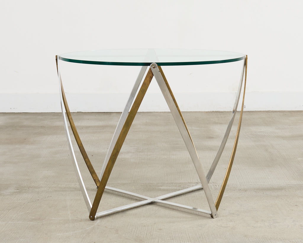 John Vesey Brass and Steel Glass Top Spool Drinks Table