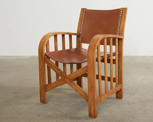 Set of Four Ralph Lauren Shelter Sky Ash Leather Sling Dining Chairs