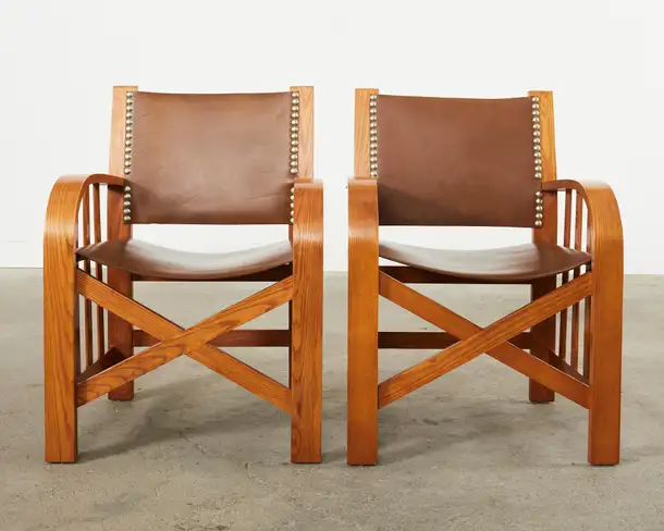 Set of Four Ralph Lauren Shelter Sky Ash Leather Sling Dining Chairs