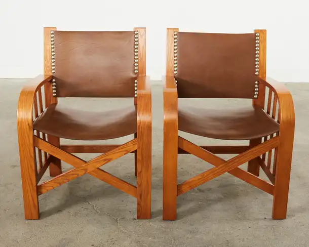 Set of Four Ralph Lauren Shelter Sky Ash Leather Sling Dining Chairs