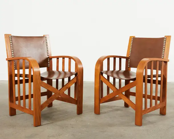 Set of Four Ralph Lauren Shelter Sky Ash Leather Sling Dining Chairs