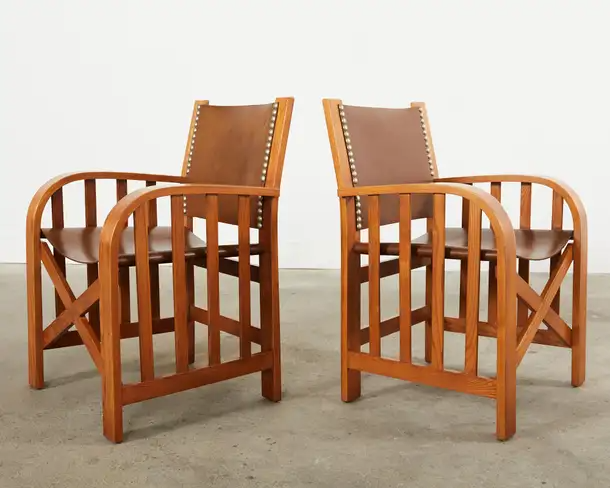 Set of Four Ralph Lauren Shelter Sky Ash Leather Sling Dining Chairs