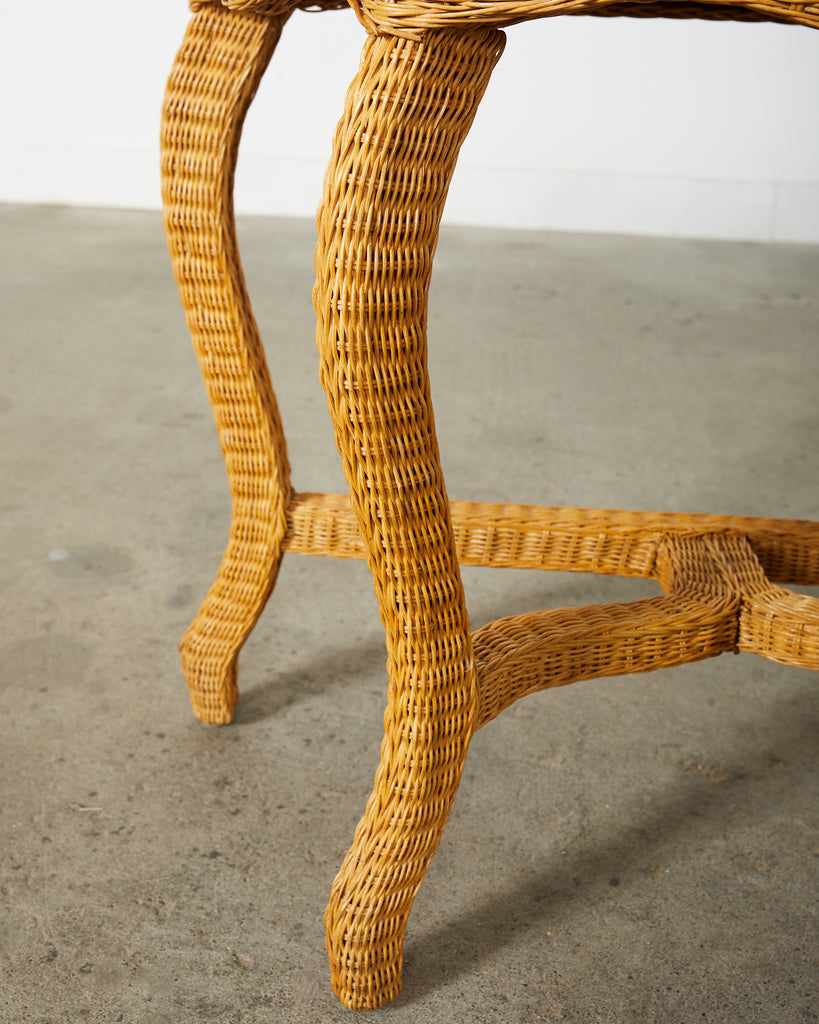 French Midcentury Organic Modern Wicker Demilune Console