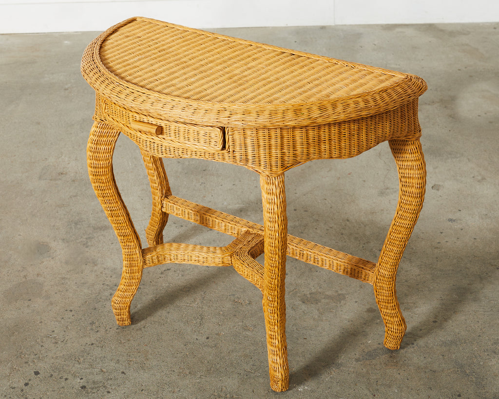 French Midcentury Organic Modern Wicker Demilune Console