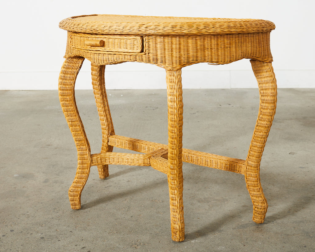 French Midcentury Organic Modern Wicker Demilune Console