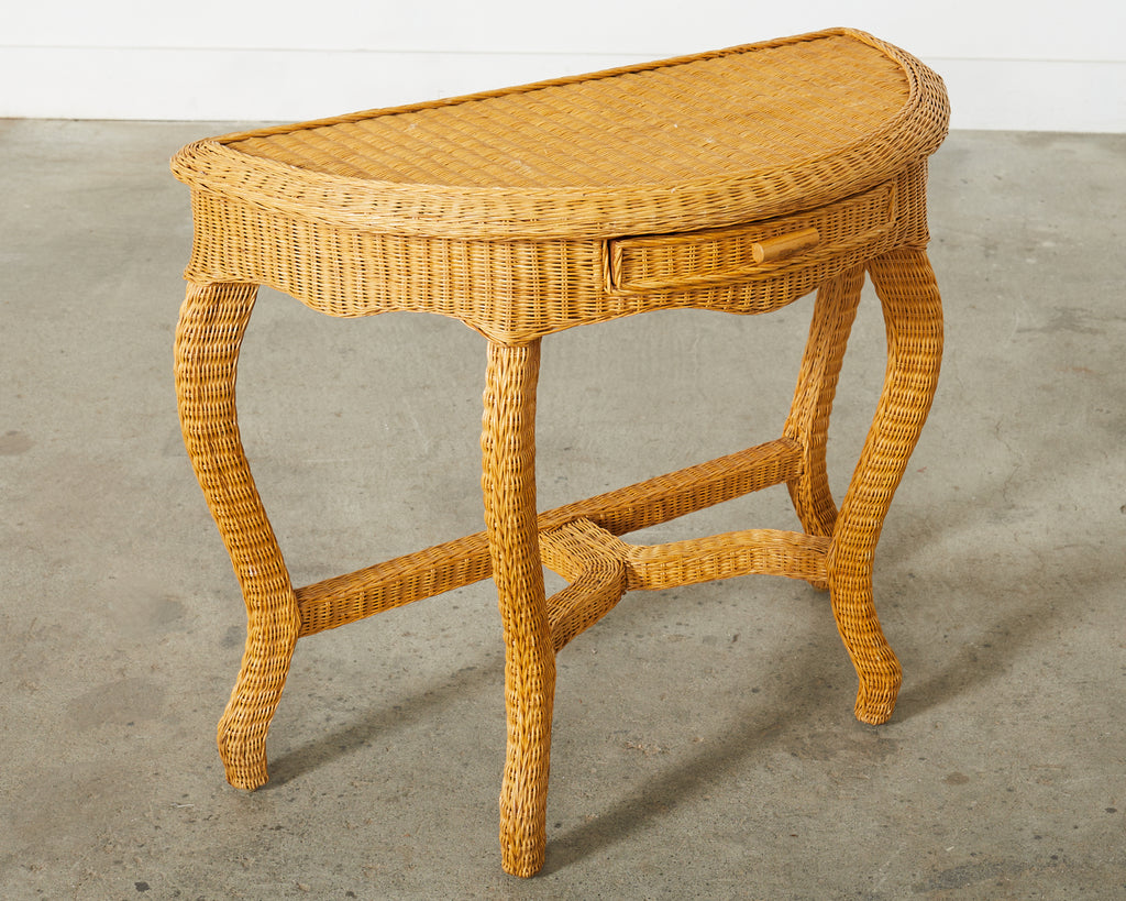 French Midcentury Organic Modern Wicker Demilune Console