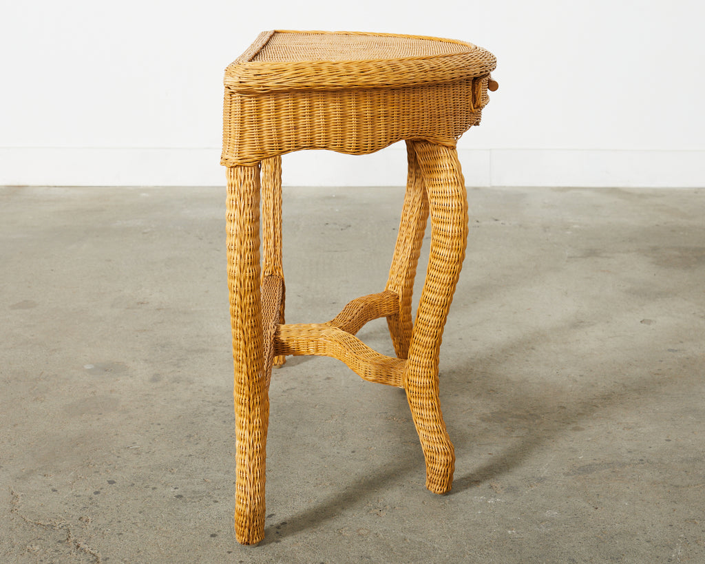 French Midcentury Organic Modern Wicker Demilune Console