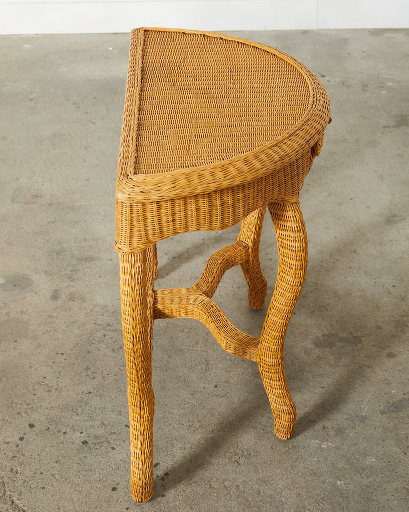 French Midcentury Organic Modern Wicker Demilune Console