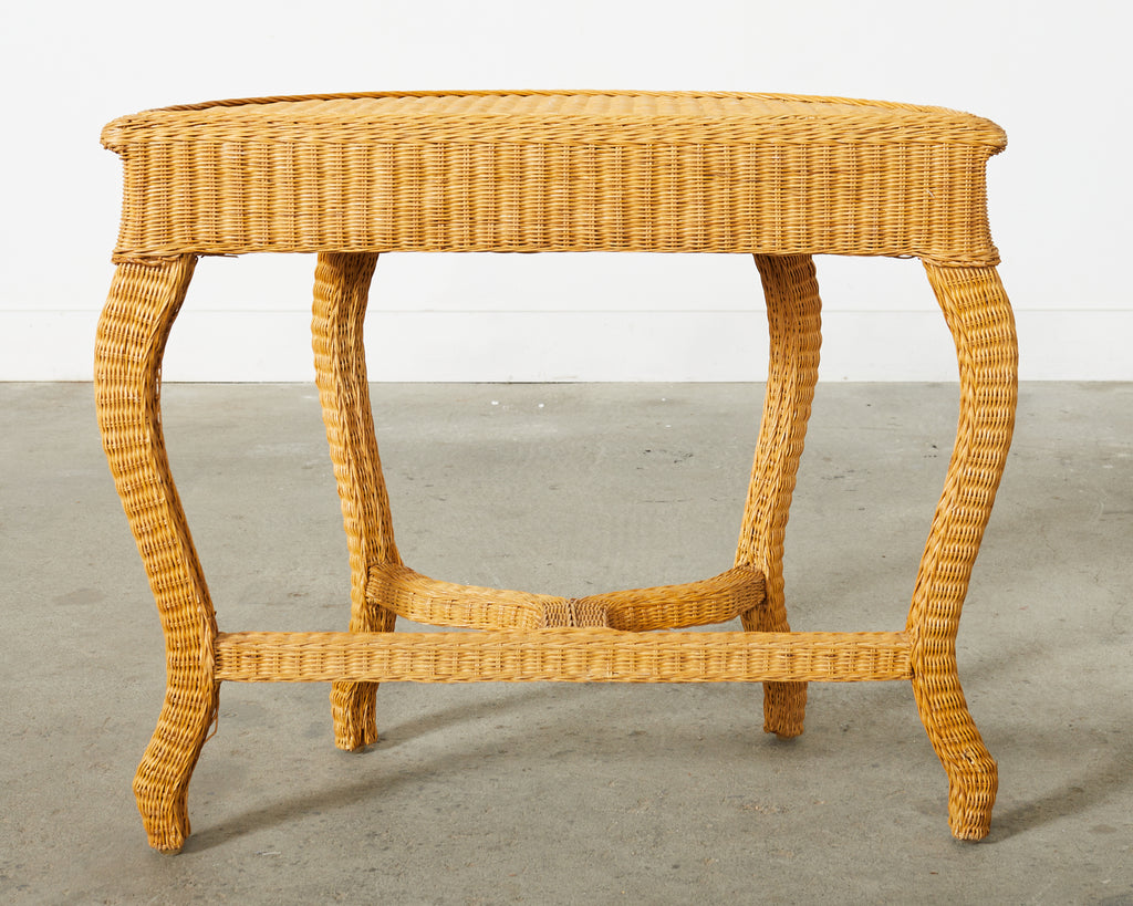 French Midcentury Organic Modern Wicker Demilune Console