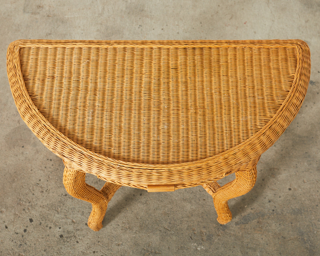 French Midcentury Organic Modern Wicker Demilune Console