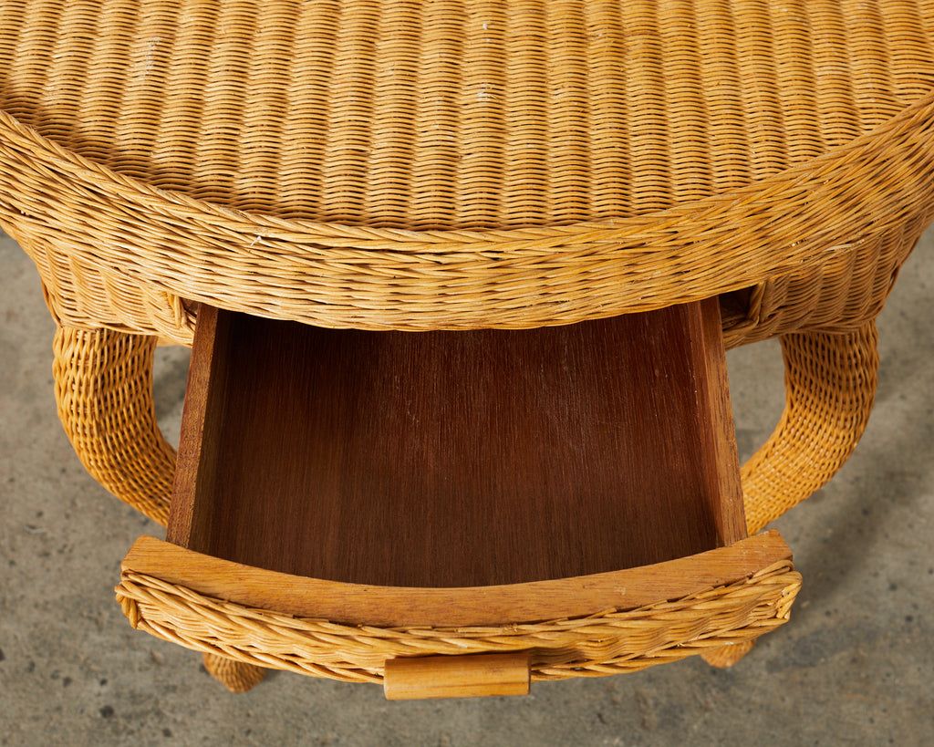 French Midcentury Organic Modern Wicker Demilune Console