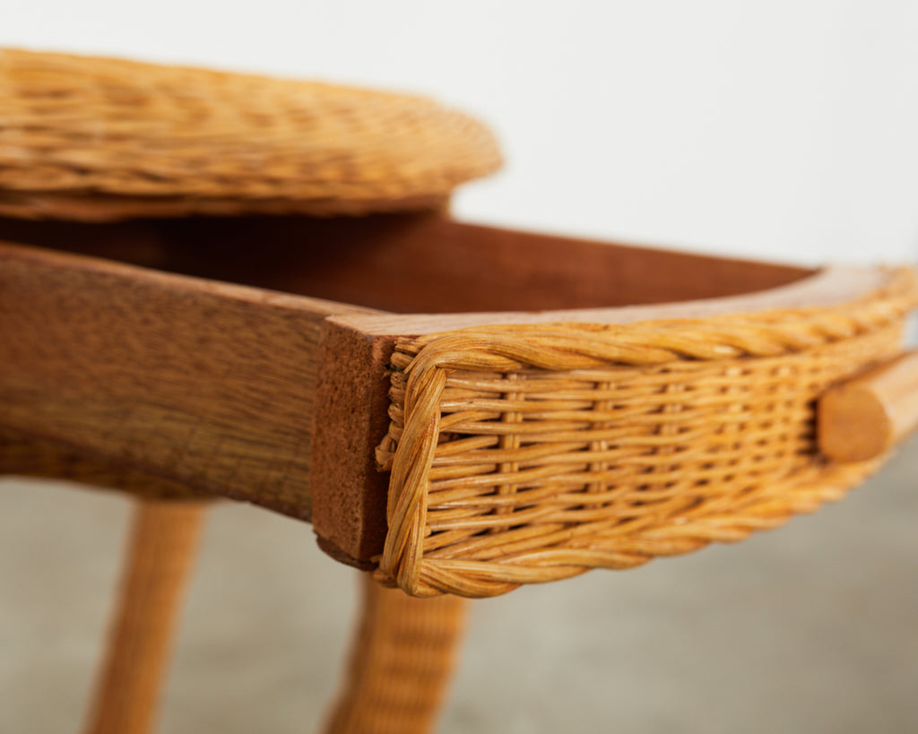 French Midcentury Organic Modern Wicker Demilune Console