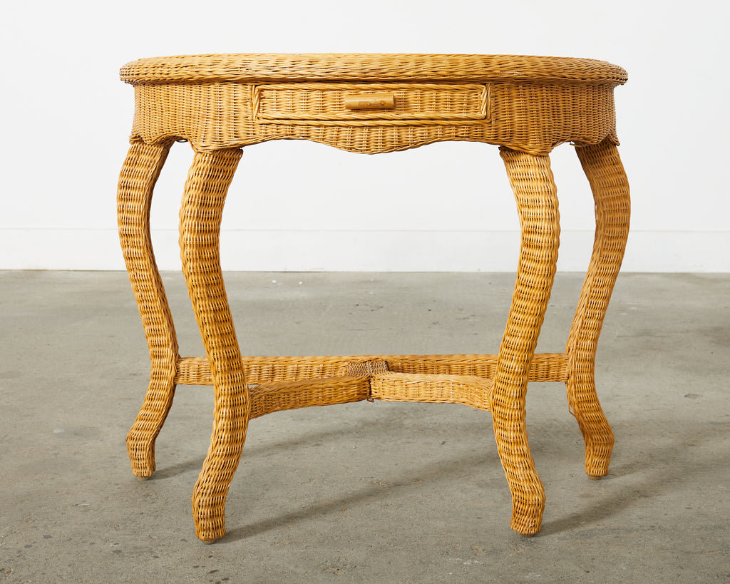 French Midcentury Organic Modern Wicker Demilune Console