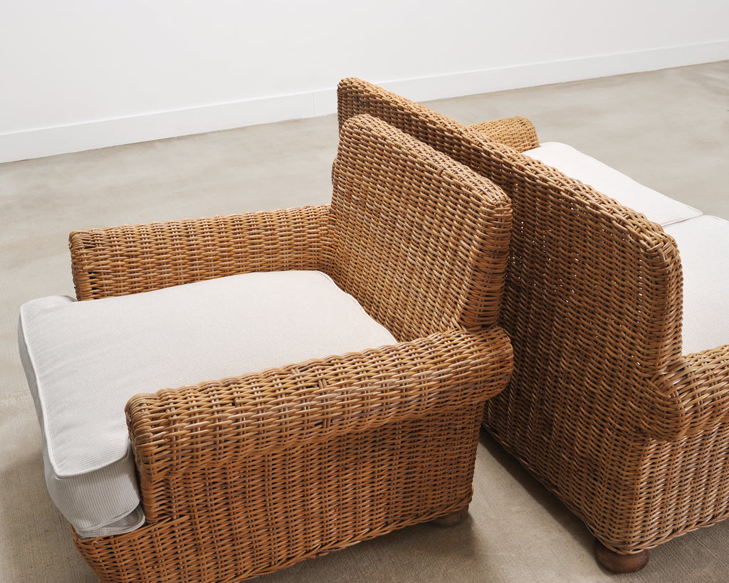 Organic Modern Woven Rattan Wicker Lounge Chair and Settee