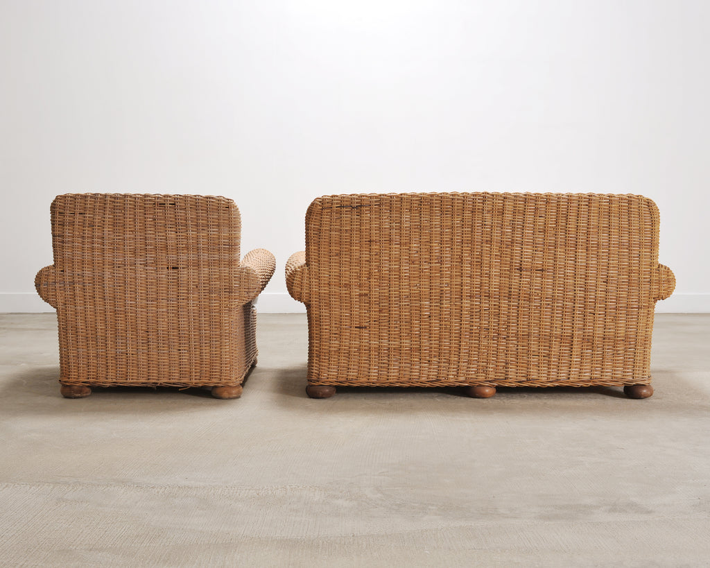 Organic Modern Woven Rattan Wicker Lounge Chair and Settee