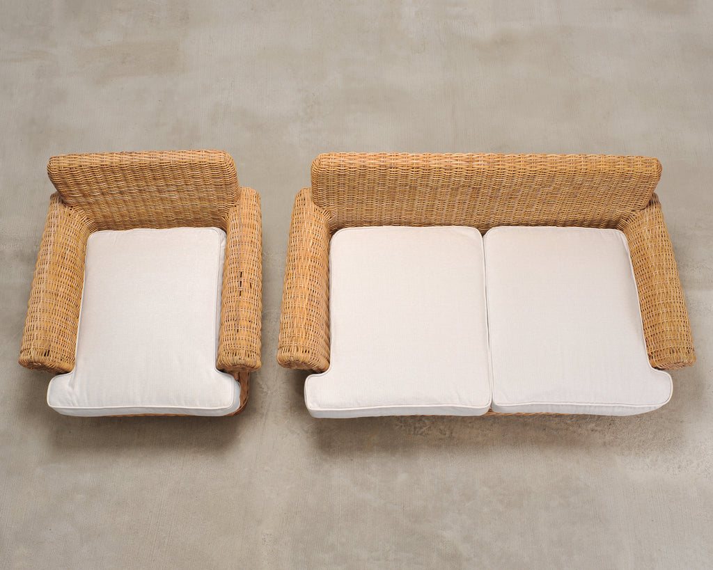 Organic Modern Woven Rattan Wicker Lounge Chair and Settee