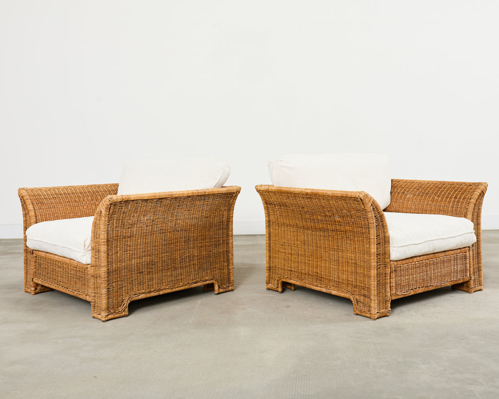 Pair of Hollywood Regency Wicker Lounge Chairs + Ottomans