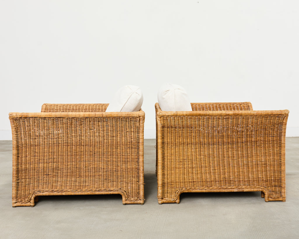 Pair of Hollywood Regency Wicker Lounge Chairs + Ottomans