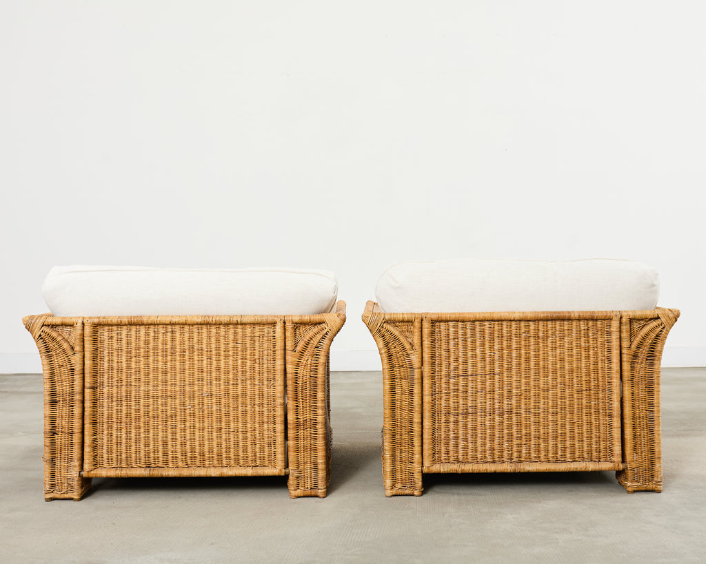 Pair of Hollywood Regency Wicker Lounge Chairs + Ottomans
