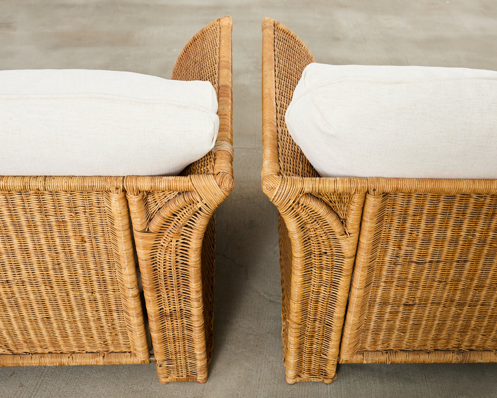 Pair of Hollywood Regency Wicker Lounge Chairs + Ottomans