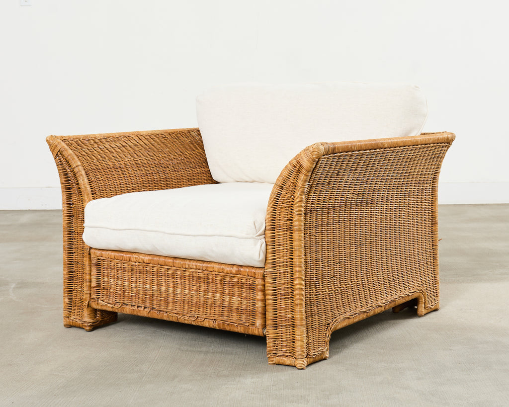 Pair of Hollywood Regency Wicker Lounge Chairs + Ottomans