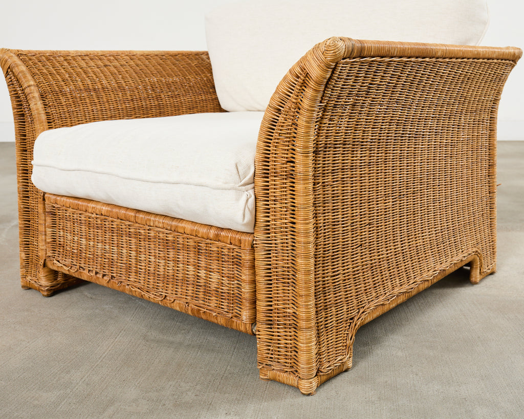 Pair of Hollywood Regency Wicker Lounge Chairs + Ottomans
