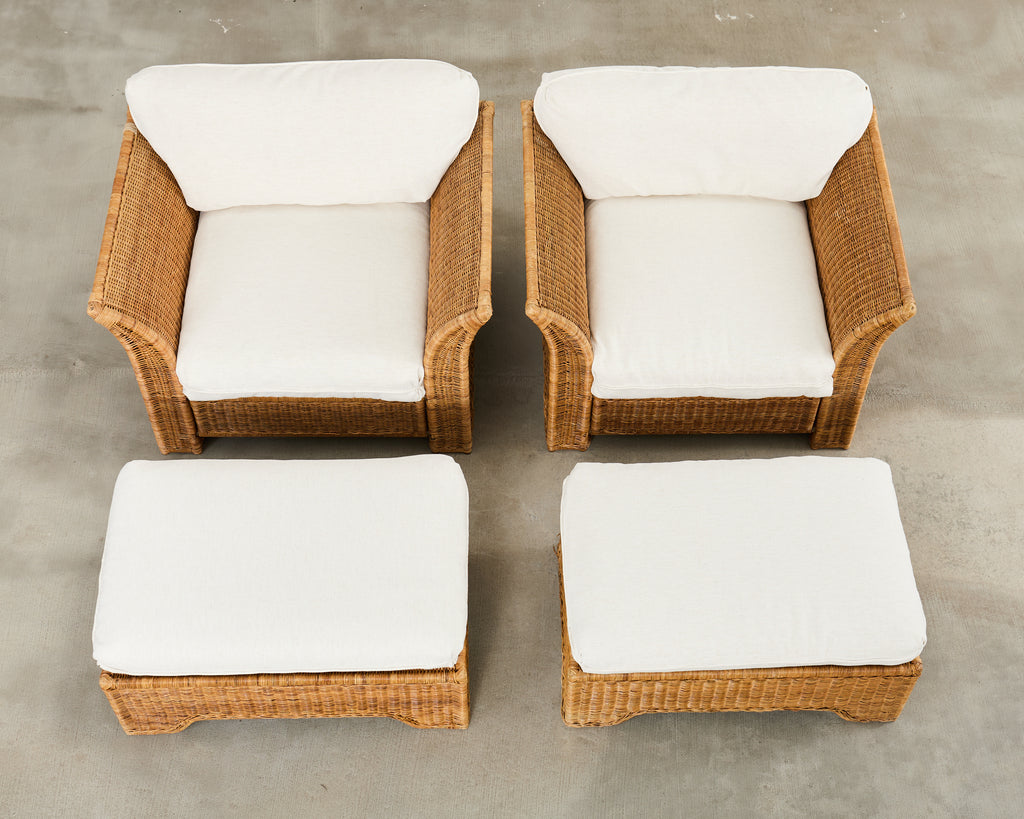 Pair of Hollywood Regency Wicker Lounge Chairs + Ottomans