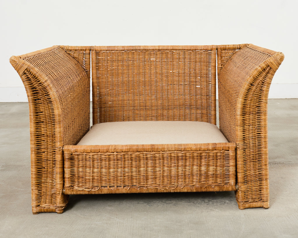 Pair of Hollywood Regency Wicker Lounge Chairs + Ottomans