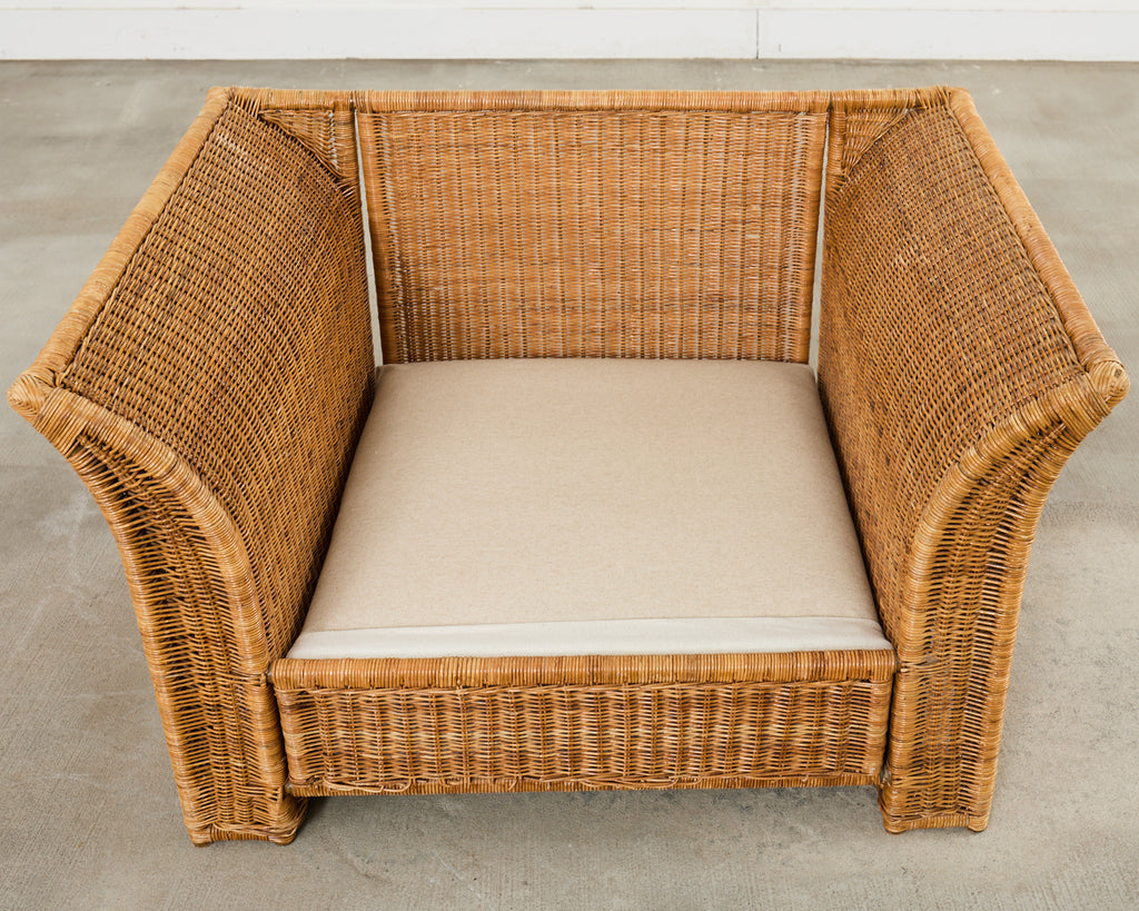 Pair of Hollywood Regency Wicker Lounge Chairs + Ottomans