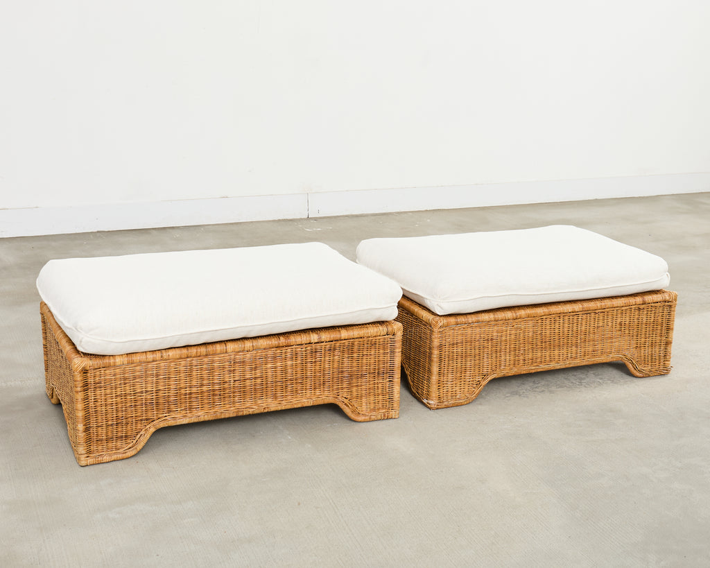 Pair of Hollywood Regency Wicker Lounge Chairs + Ottomans
