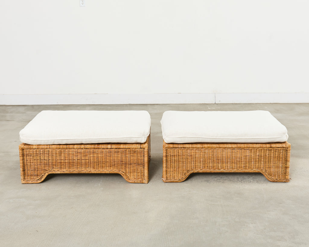Pair of Hollywood Regency Wicker Lounge Chairs + Ottomans