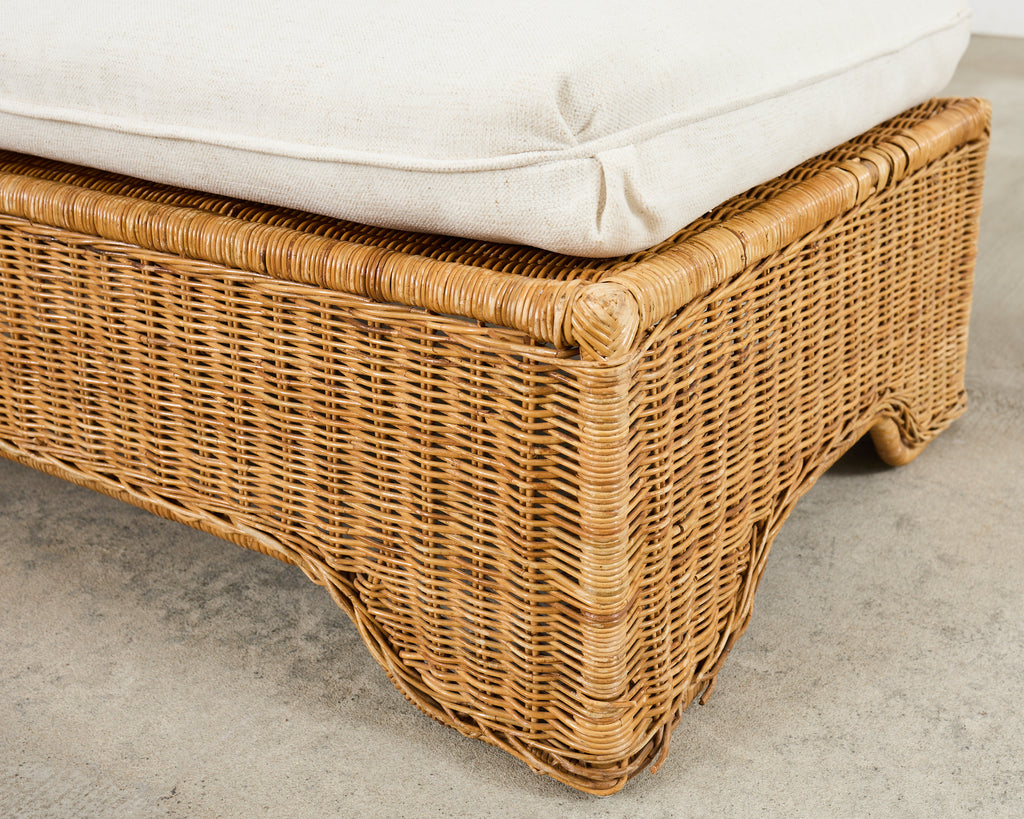 Pair of Hollywood Regency Wicker Lounge Chairs + Ottomans