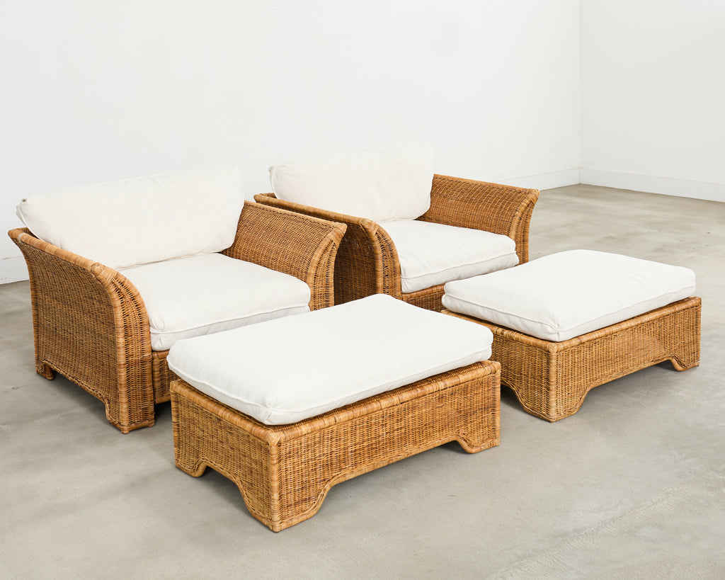 Pair of Hollywood Regency Wicker Lounge Chairs + Ottomans