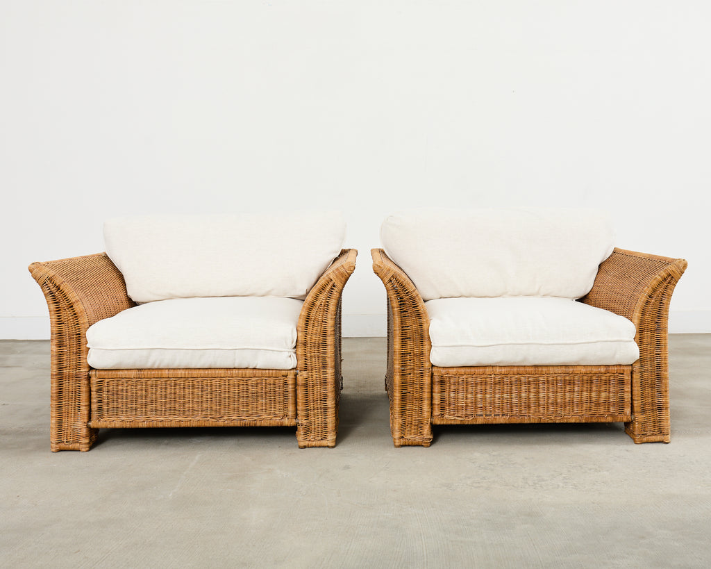Pair of Hollywood Regency Wicker Lounge Chairs + Ottomans