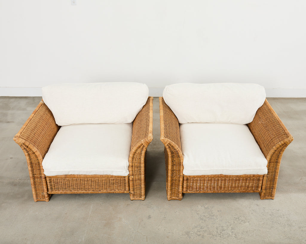 Pair of Hollywood Regency Wicker Lounge Chairs + Ottomans