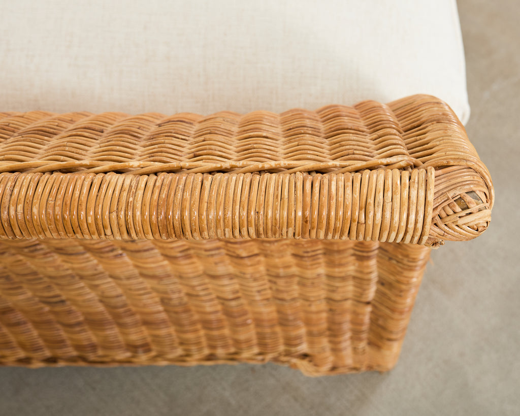 Pair of Hollywood Regency Wicker Lounge Chairs + Ottomans