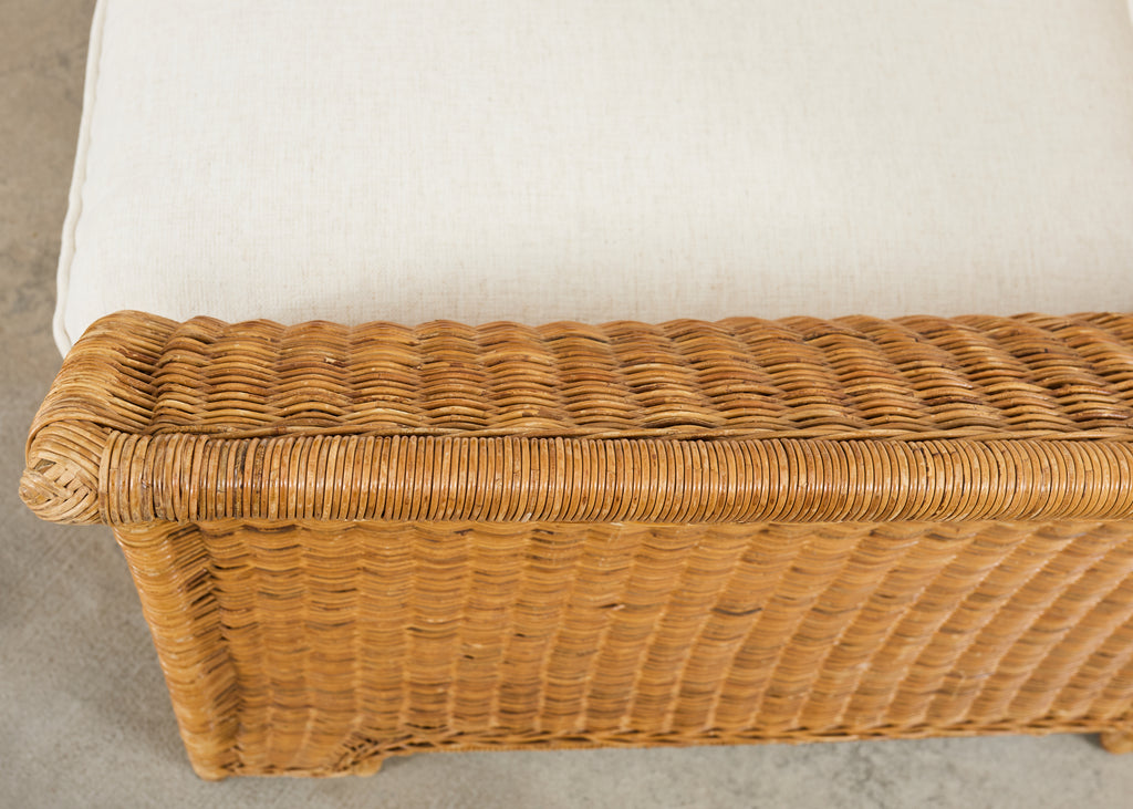 Pair of Hollywood Regency Wicker Lounge Chairs + Ottomans