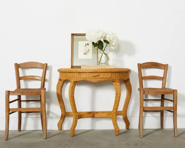 French Midcentury Organic Modern Wicker Demilune Console