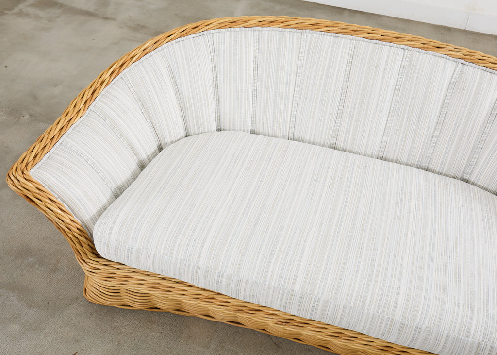 Michael Taylor Style Woven Rattan Sofa and Matching Ottomans