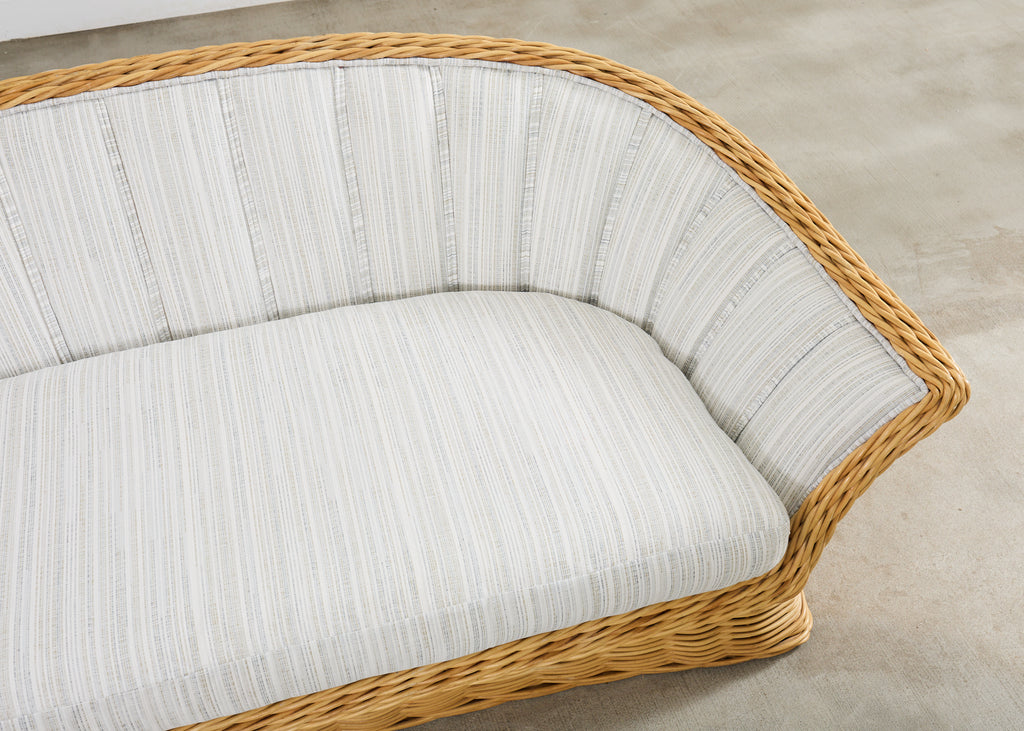 Michael Taylor Style Woven Rattan Sofa and Matching Ottomans