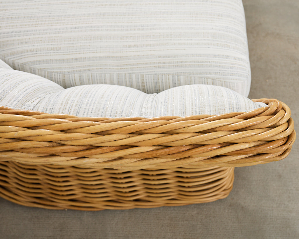 Michael Taylor Style Woven Rattan Sofa and Matching Ottomans