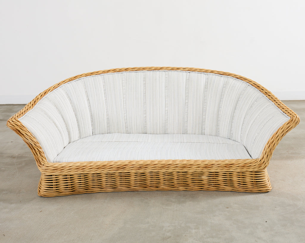 Michael Taylor Style Woven Rattan Sofa and Matching Ottomans