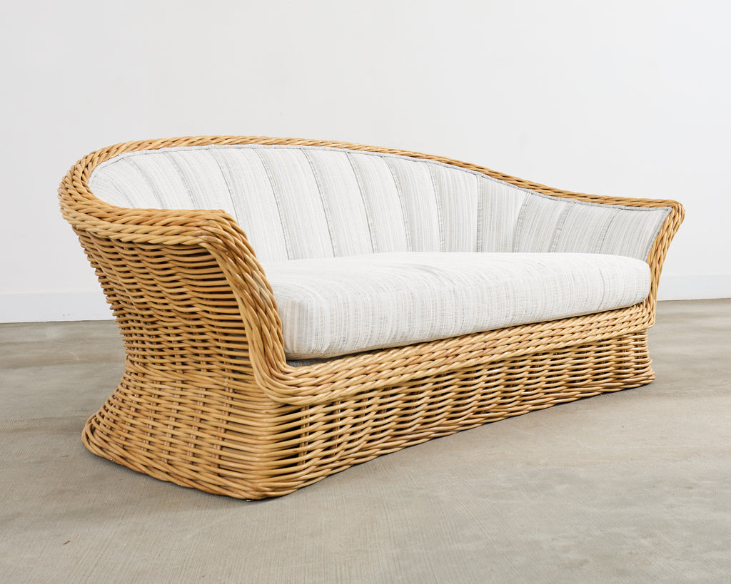 Michael Taylor Style Woven Rattan Sofa and Matching Ottomans