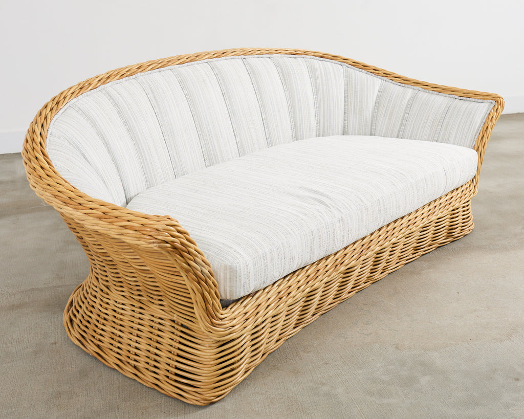 Michael Taylor Style Woven Rattan Sofa and Matching Ottomans
