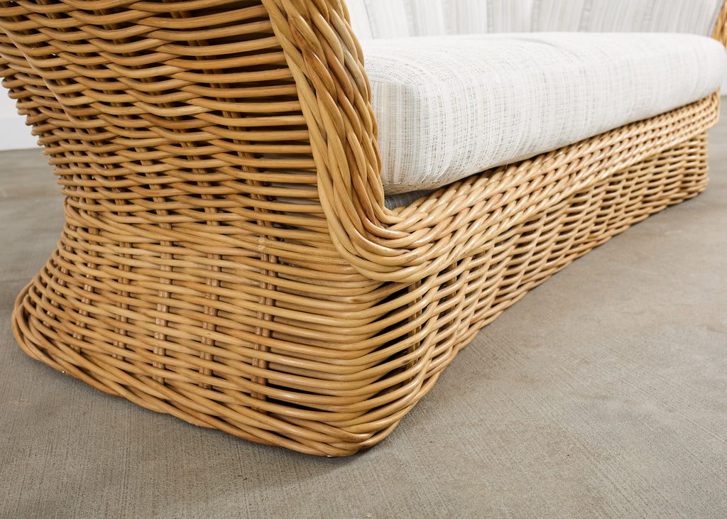 Michael Taylor Style Woven Rattan Sofa and Matching Ottomans