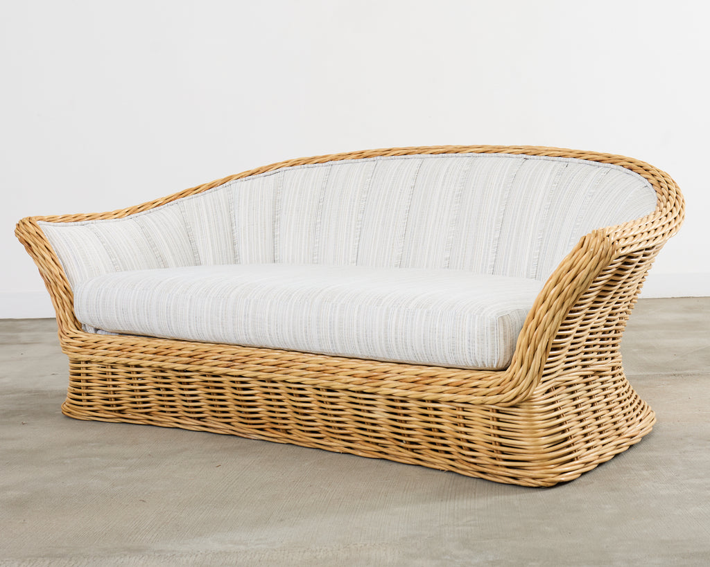 Michael Taylor Style Woven Rattan Sofa and Matching Ottomans