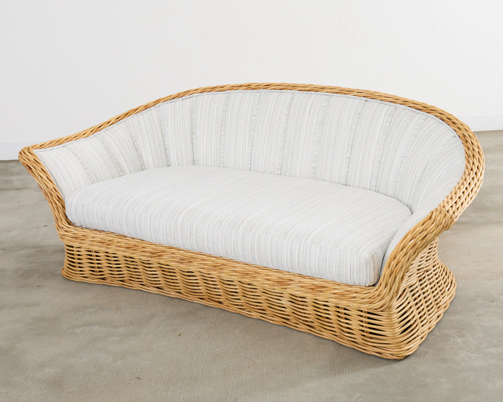 Michael Taylor Style Woven Rattan Sofa and Matching Ottomans